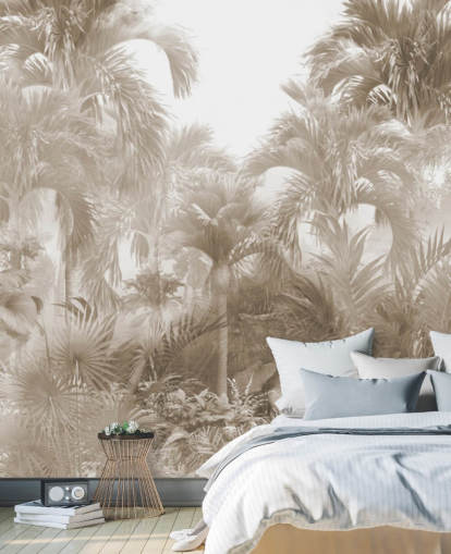 Sepia jungle wallpaper with tall beige palm trees with a white sky