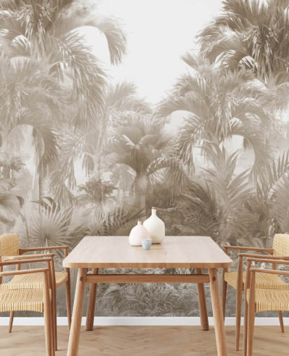 Sepia junglebehang met hoge beige palmbomen met een witte lucht