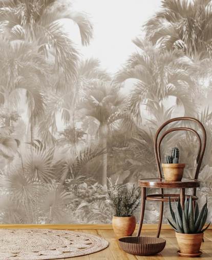Sepia jungle wallpaper with tall beige palm trees with a white sky