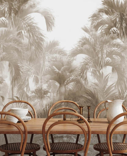 Sepia djungel tapet med höga beige palmer med en vit himmel