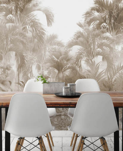 Sepia jungle wallpaper with tall beige palm trees with a white sky