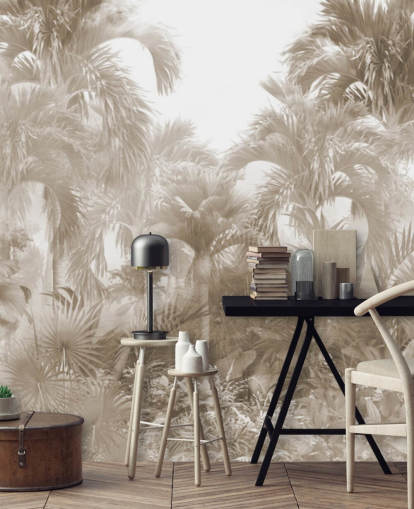 Carta da parati con giungla color seppia con alte palme beige con un cielo bianco