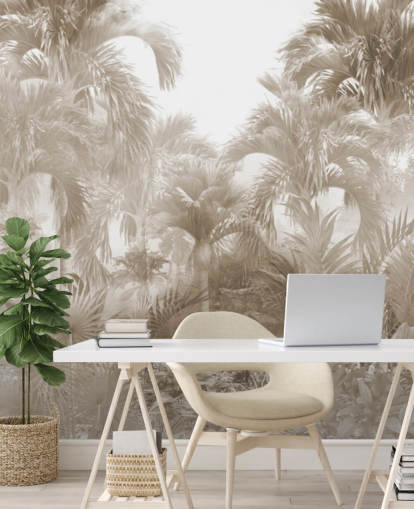 Papier peint Sepia Jungle avec de grands palmiers beiges avec un ciel blanc