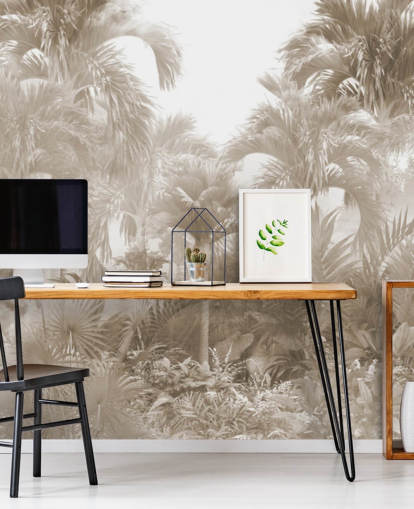 Papel de parede sépia da selva com altas palmeiras bege com um céu branco