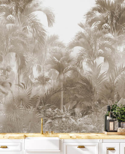 Carta da parati con giungla color seppia con alte palme beige con un cielo bianco Carta da parati con giungla color seppia con alte palme beige con un cielo bianco