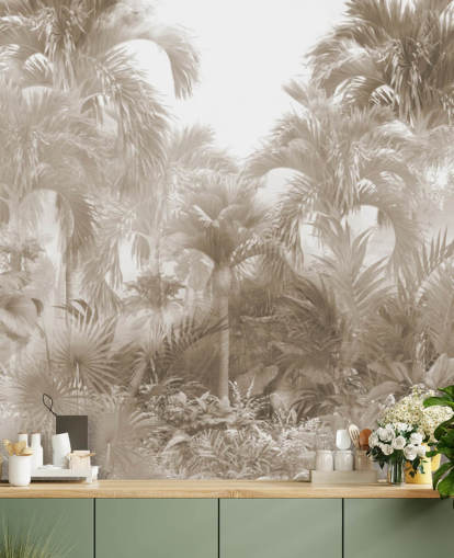 Sepia djungel tapet med höga beige palmer med en vit himmel Sepia djungel tapet med höga beige palmer med en vit himmel
