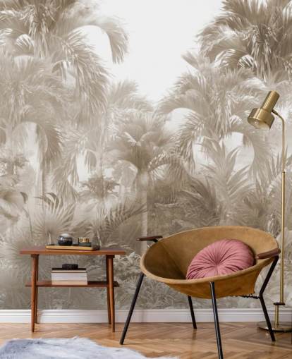 Sepia jungle wallpaper with tall beige palm trees with a white sky