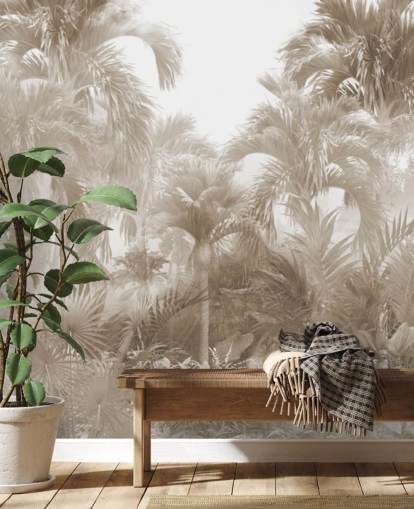 Sepia junglebehang met hoge beige palmbomen met een witte lucht