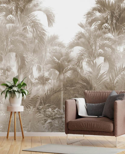 Papier peint Sepia Jungle avec de grands palmiers beiges avec un ciel blanc