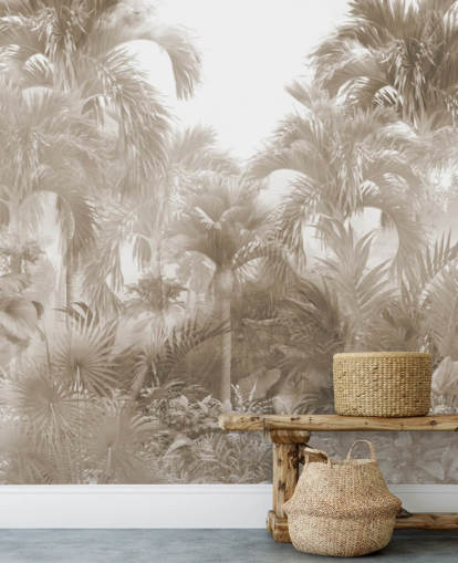 Sepia jungle wallpaper with tall beige palm trees with a white sky