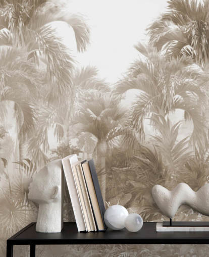 Sepia jungle tapet med høje beige palmer med en hvid himmel