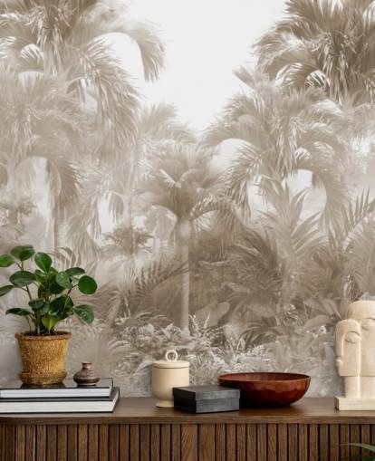 Sepia jungle wallpaper with tall beige palm trees with a white sky
