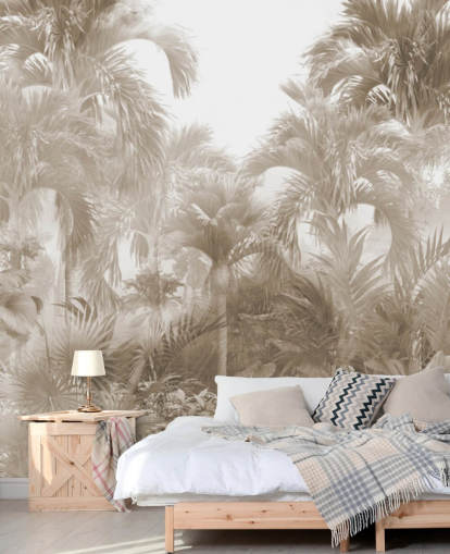 Sepia jungel tapet med høye beige palmer med en hvit himmel Sepia jungel tapet med høye beige palmer med en hvit himmel