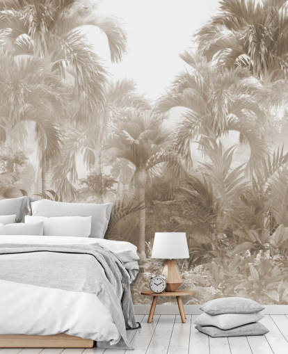 Sepia junglebehang met hoge beige palmbomen met een witte lucht