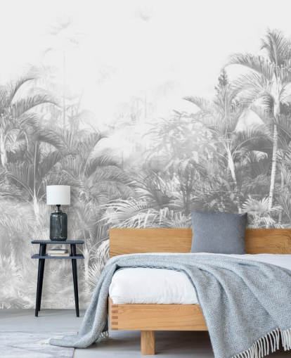 Vervaagd zwart-wit behang met junglebomen