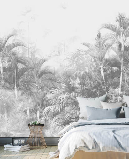 Papier peint d'arbres de la jungle en noir et blanc délavé