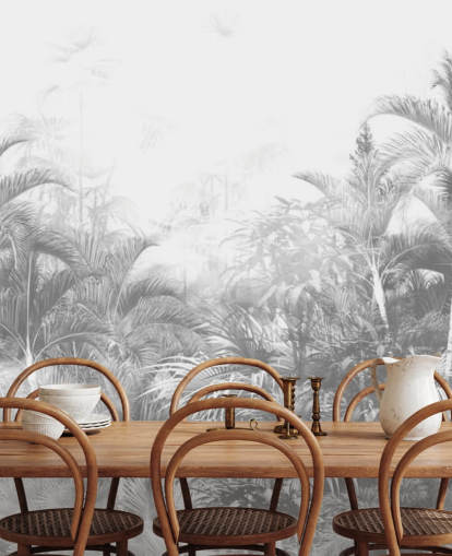 papel pintado de árboles de la selva en blanco y negro descoloridos