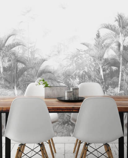 Papel de parede de árvores da selva em preto e branco desbotado