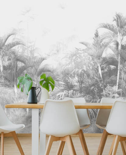 Vervaagd zwart-wit behang met junglebomen