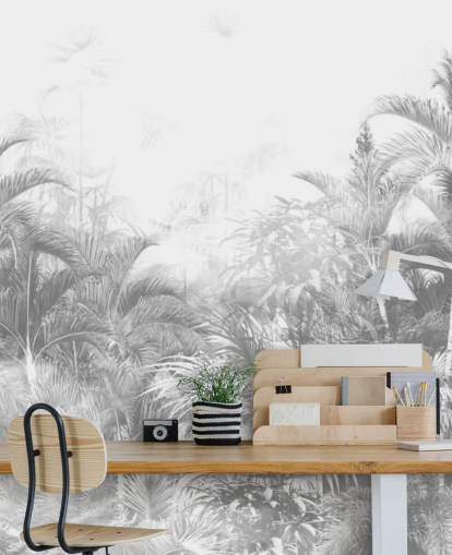 Vervaagd zwart-wit behang met junglebomen