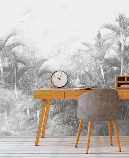 Vervaagd zwart-wit behang met junglebomen