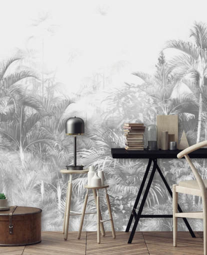 Papel de parede de árvores da selva em preto e branco desbotado Papel de parede de árvores da selva em preto e branco desbotado