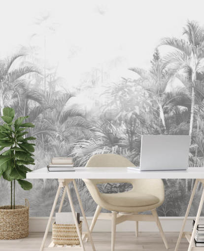 Papel de parede de árvores da selva em preto e branco desbotado