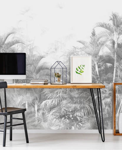 papel pintado de árboles de la selva en blanco y negro descoloridos