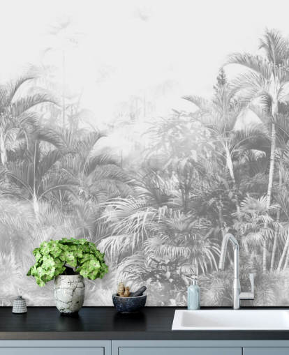 Faded black and white jungle trees wallpaper
