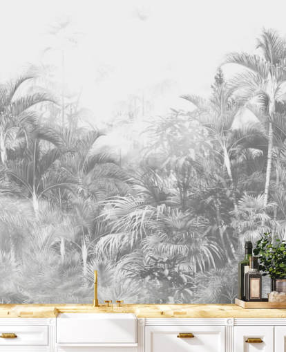 Papier peint d'arbres de la jungle en noir et blanc délavé Papier peint d'arbres de la jungle en noir et blanc délavé