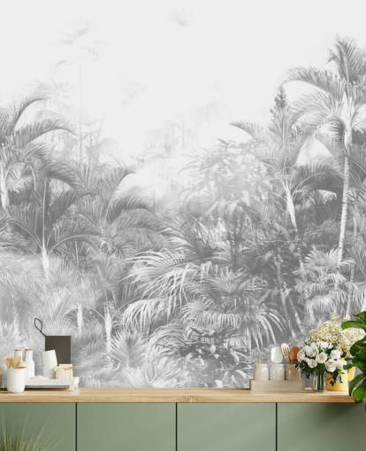 Vervaagd zwart-wit behang met junglebomen Vervaagd zwart-wit behang met junglebomen