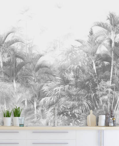 Papier peint d'arbres de la jungle en noir et blanc délavé