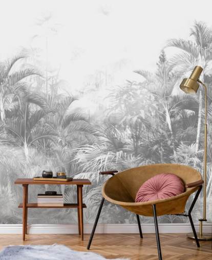 papel pintado de árboles de la selva en blanco y negro descoloridos