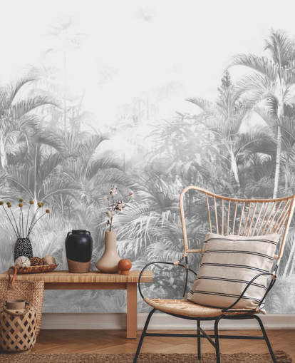 Vervaagd zwart-wit behang met junglebomen