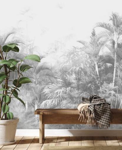 Papel de parede de árvores da selva em preto e branco desbotado