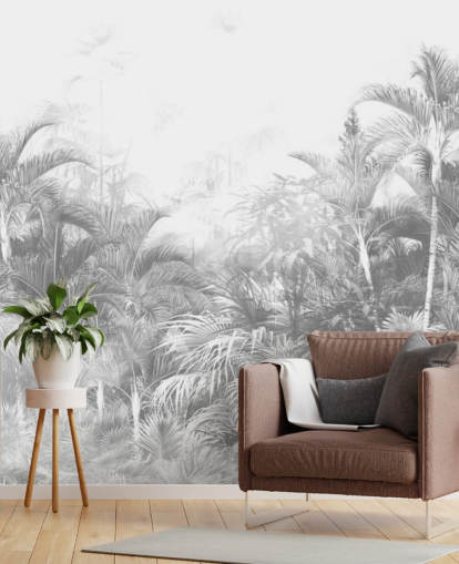 Papier peint d'arbres de la jungle en noir et blanc délavé