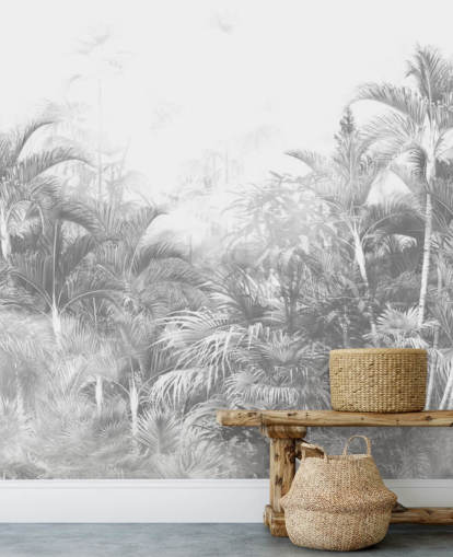 Vervaagd zwart-wit behang met junglebomen