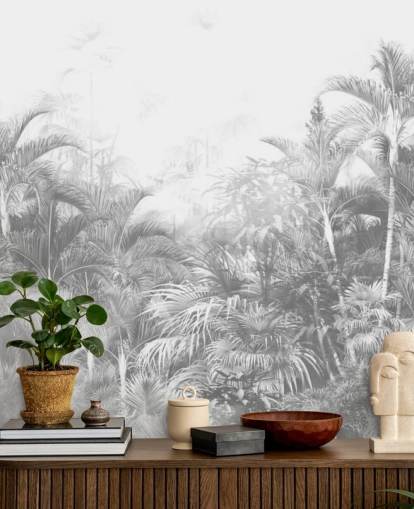 papel pintado de árboles de la selva en blanco y negro descoloridos