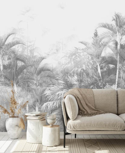 papel pintado de árboles de la selva en blanco y negro descoloridos