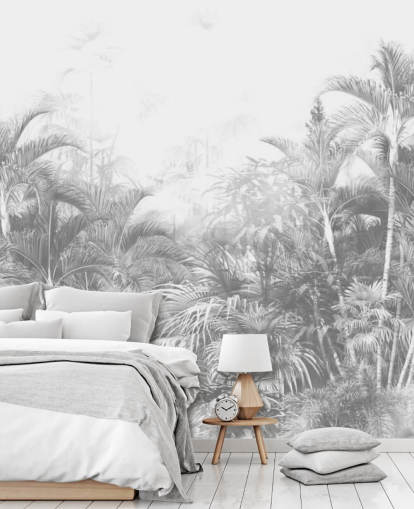 Vervaagd zwart-wit behang met junglebomen Vervaagd zwart-wit behang met junglebomen