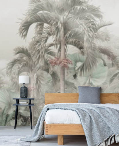 Muted panoramic jungle landscape with tall tropical trees wallpaper