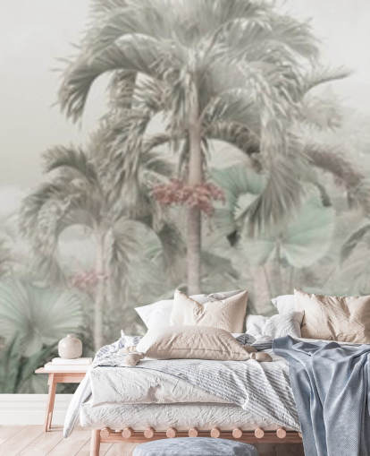 Papel pintado de paisaje selvático panorámico silencioso con altos árboles tropicales