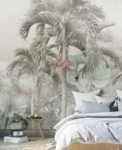 Papel pintado de paisaje selvático panorámico silencioso con altos árboles tropicales