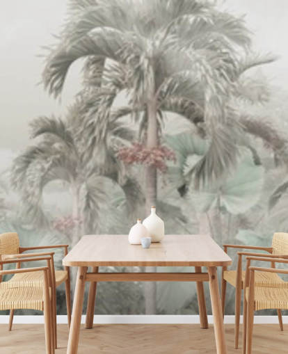 Muted panoramic jungle landscape with tall tropical trees wallpaper