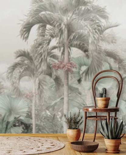 Muted panoramic jungle landscape with tall tropical trees wallpaper