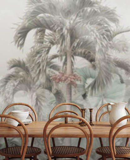 Muted panoramic jungle landscape with tall tropical trees wallpaper