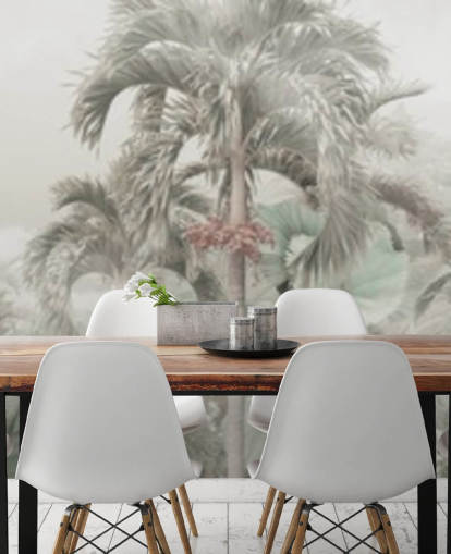 Papel pintado de paisaje selvático panorámico silencioso con altos árboles tropicales