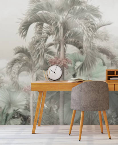 Papel pintado de paisaje selvático panorámico silencioso con altos árboles tropicales