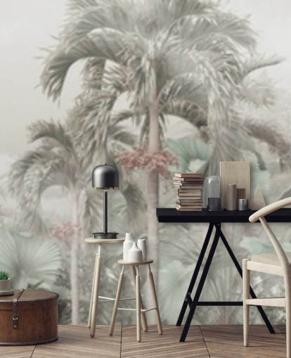 Muted panoramic jungle landscape with tall tropical trees wallpaper