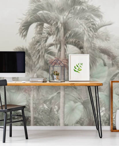 Gedempt panoramisch junglelandschap met behang met hoge tropische bomen Gedempt panoramisch junglelandschap met behang met hoge tropische bomen